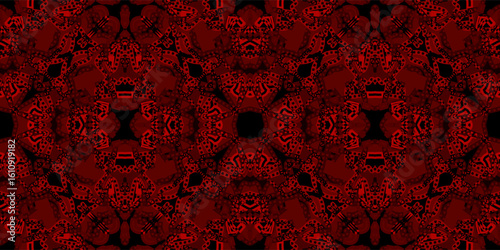 seamless Dark Red Abstract Kaleidoscope Pattern. Intense Geometric Symmetrical Background. Ornate Ruby Red Digital Art Texture. Mysterious Black and Red Abstract Design. Deep Red Pattern
