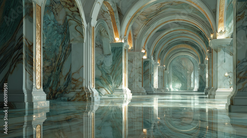 Luxurious Marble Hallway with Arched Ceilings and Reflections
アーチ天井と反射が美しい豪華な大理石の廊下