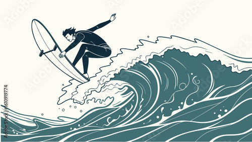Action sports vector art illustration: a dynamic silhouette of a surfer riding the sea with a wind turbine in the background, a grunge design perfect for men and women who love extreme fun
