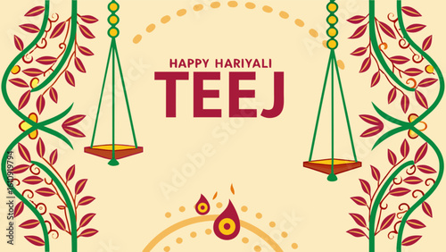 Happy hariyali teej festival celebration with swing and floral decoration traditional hindu festival image
