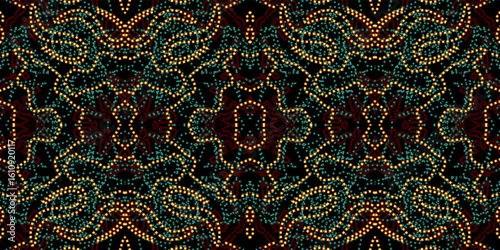 Seamless vintage rug with an effect of dot. Damask carpet. Dotted Swirl Kaleidoscope Pattern. Hand drawn seamless abstract pattern with abstract motifs. Festive Sparkling Background. Luminous 
