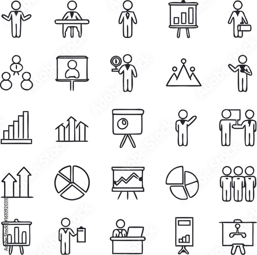 Business Presentation Line Icon Set | Adjustable Line Weight | presenter, man at desk, executive, bar‑chart board, briefcase man, team with alert, video call screen, award winner, goal mountains.