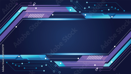 Abstract dark blue background with a modern blue and purple geometric tech frame leaving central space.