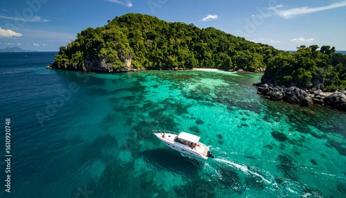 Tropical holiday with boat near islands and people snorkeling