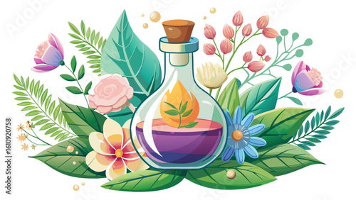 very Beautiful  close up Natural herbal cosmetics concept. Glass flask with flowers on a white background. Flower aroma essence solution white background.