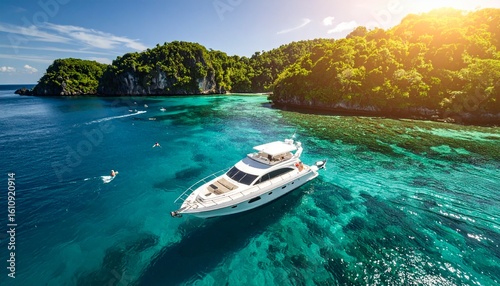 Tropical holiday with boat near islands and people snorkeling