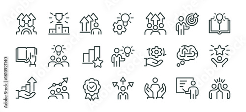 Upskilling coaching, career development, icons pack. Line signs skill grow, learning teamwork and growth progression training. Thin vector icons set for web and app outline editable stroke.