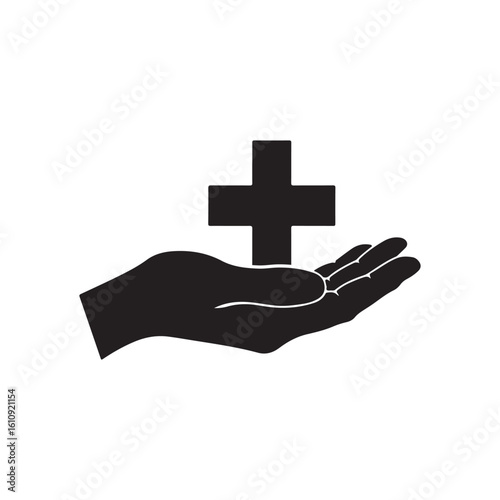 Silhouette icon illustration of a medical cross in an open hand