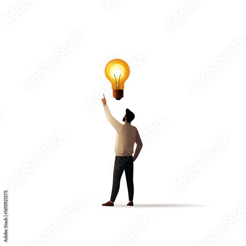 Man Pointing at Glowing Lightbulb, Symbolizing Idea Generation a