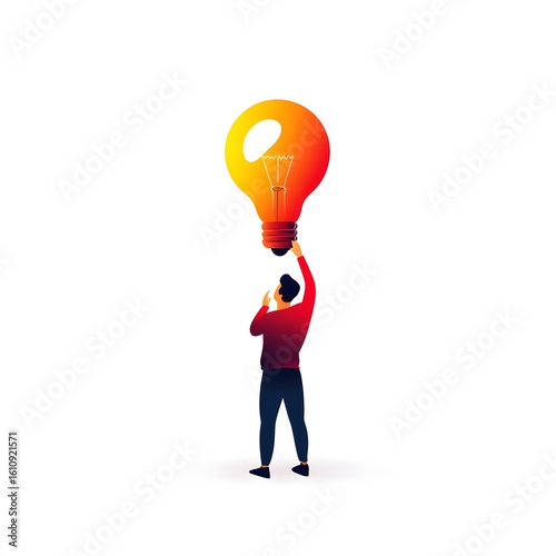 Man Reaching for a Glowing Lightbulb of Inspiration on a White B