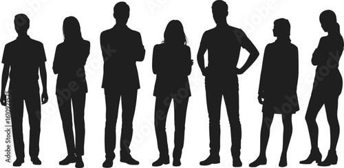 CAD drawing flat vector illustration of diverse team silhouettes, standing side by side, profile and full body views, unity concept, professional group, identity design, layout
