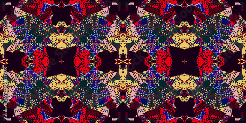 seamless Vibrant Abstract Kaleidoscope with Dots. Colorful Symmetrical Fractal Pattern. ornament pattern Background. Modern Abstract Textile Design. Bold Multi-Color Geometric Ornament
