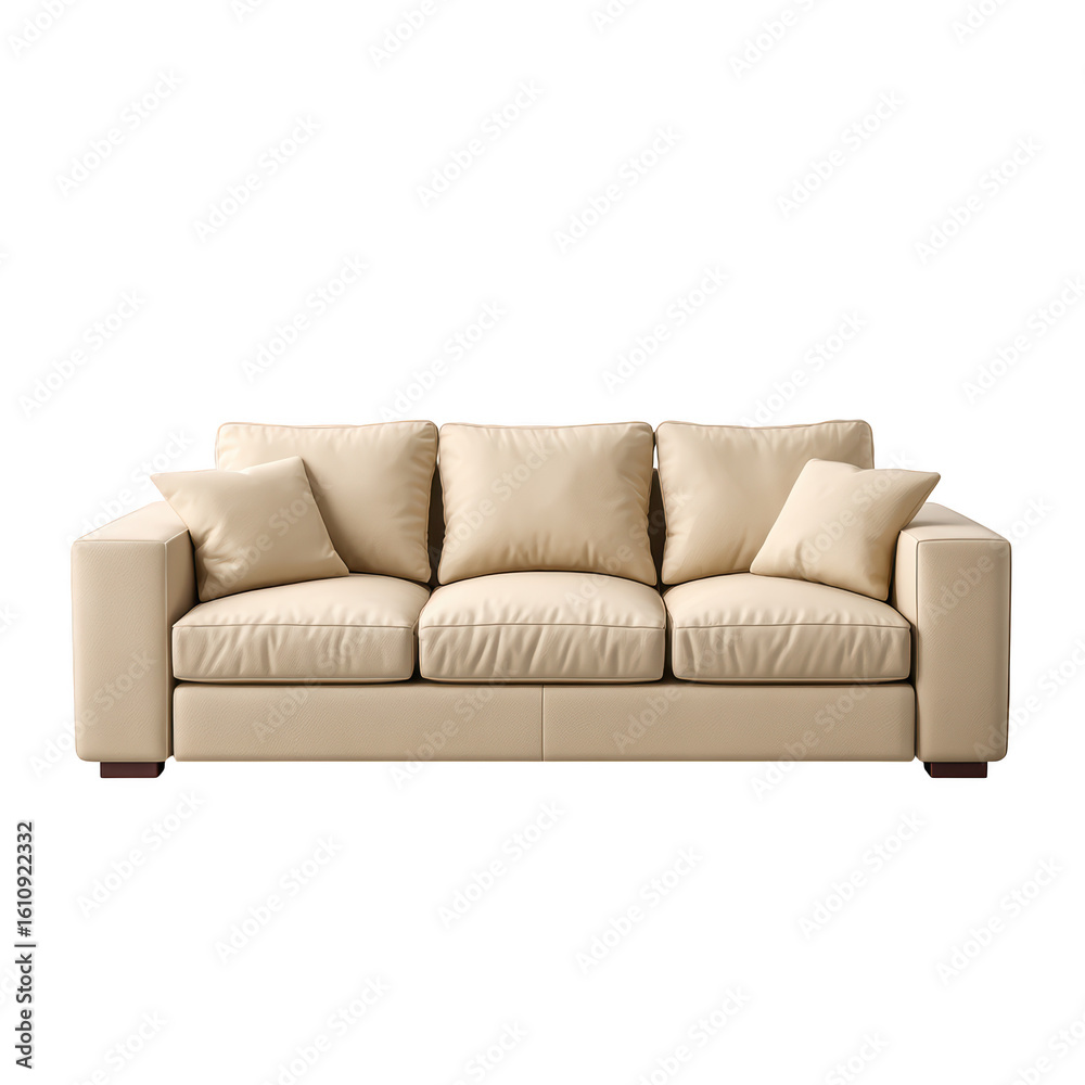 Fototapeta premium Cozy beige sofa on terrace with cushions, perfect for relaxation and outdoor gatherings in modern home settings