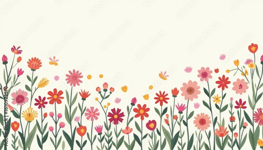 Fototapeta premium Charming Hand-Drawn Wildflower Border in Warm Spring Colors