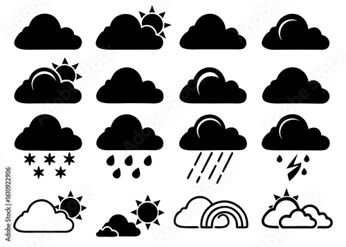 Collection of weather icons showing sun, clouds, rain, snow, and rainbow for forecasts