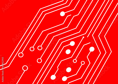 Dynamic digital circuit board pattern with bold white lines and nodes on vibrant red background