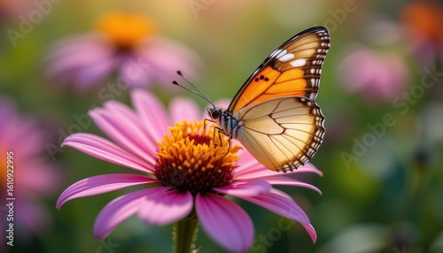 A beautiful butterfly with orange wings landed on a pink flower in a summer garden.