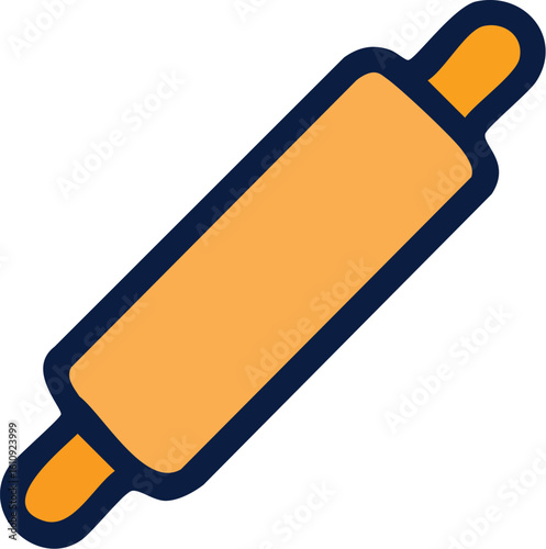 An illustration of a rolling pin with orange fill and a dark blue outline, angled on a white background.