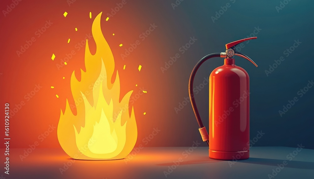 Obraz premium Vibrant Contrast of Stylized Fire and a Realistic Red Fire Extinguisher