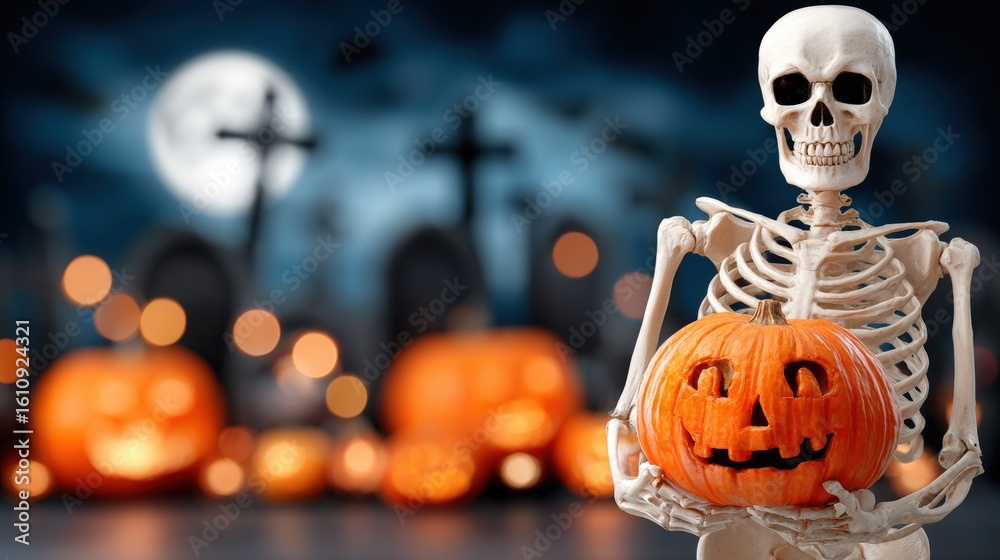 Naklejka premium A skeleton holding a carved pumpkin stands in a spooky graveyard with a full moon and glowing lights in the background, creating a Halloween atmosphere.