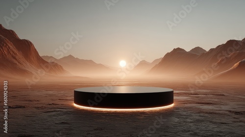 Futuristic landscape with a glowing circular platform against a desert backdrop at sunset, featuring mountains and a serene sky.