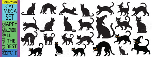 silhouette of halloween black cat silhouettes in various poses on a white background vector illustration