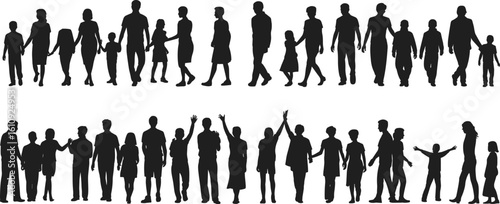 CAD drawing flat vector illustration of family silhouettes, walking hand in hand, parents and children, diverse groups, unity concept, community connection, black and white figures
