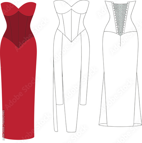 CAD drawing flat vector illustration of evening gown, red strapless dress, corset top, lace-up back, front and back views, elegant fashion sketch, technical garment layout