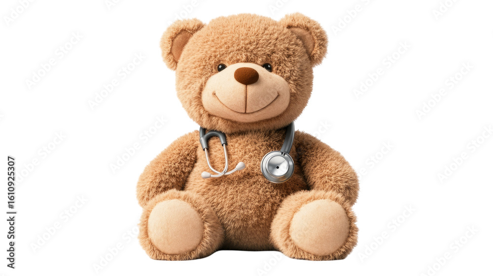 Obraz premium Teddy Bear Wearing Stethoscope Cute Toy Doctor Concept Isolated on White Background