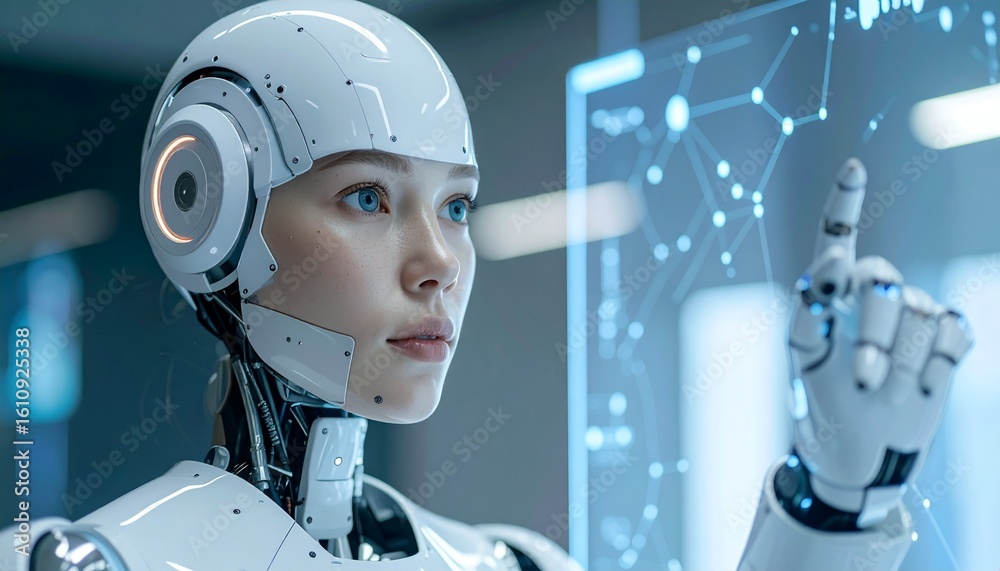 Naklejka premium A futuristic humanoid robot with a touch screen