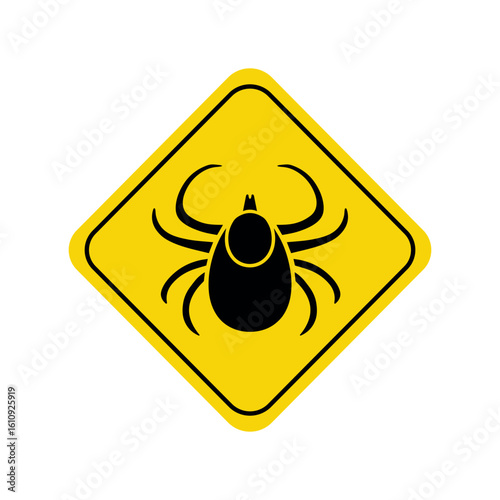 Yellow triangular warning sign with black tick silhouette for pest control and health hazard alerts