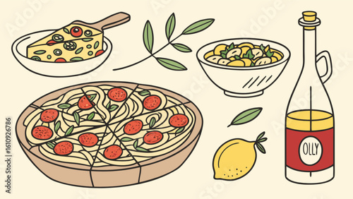 Delicious italian food illustration with pizza pasta cheese olive oil and lemon art