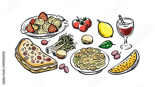 Delicious italian food illustration featuring pizza pasta tomatoes and fresh ingredients