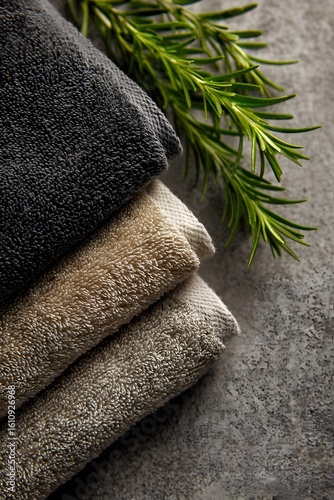 Folded towels in gray, beige, and cream on a textured gray background with green pine branches.