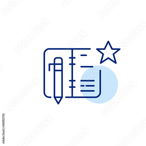 Open weekly planner or diary pen and star. Favorite organizer, time management and premium scheduler. Pixel perfect, editable stroke vector icon