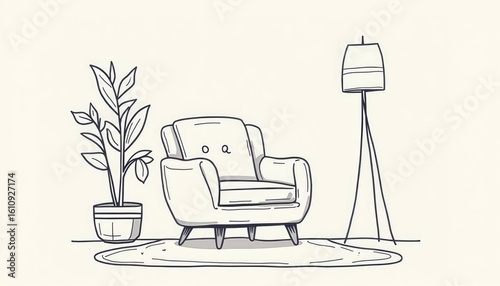 Charming Hand-Drawn Armchair with Whimsical Face, Plant, and Lamp in Cozy Minimalist Interior Line Art