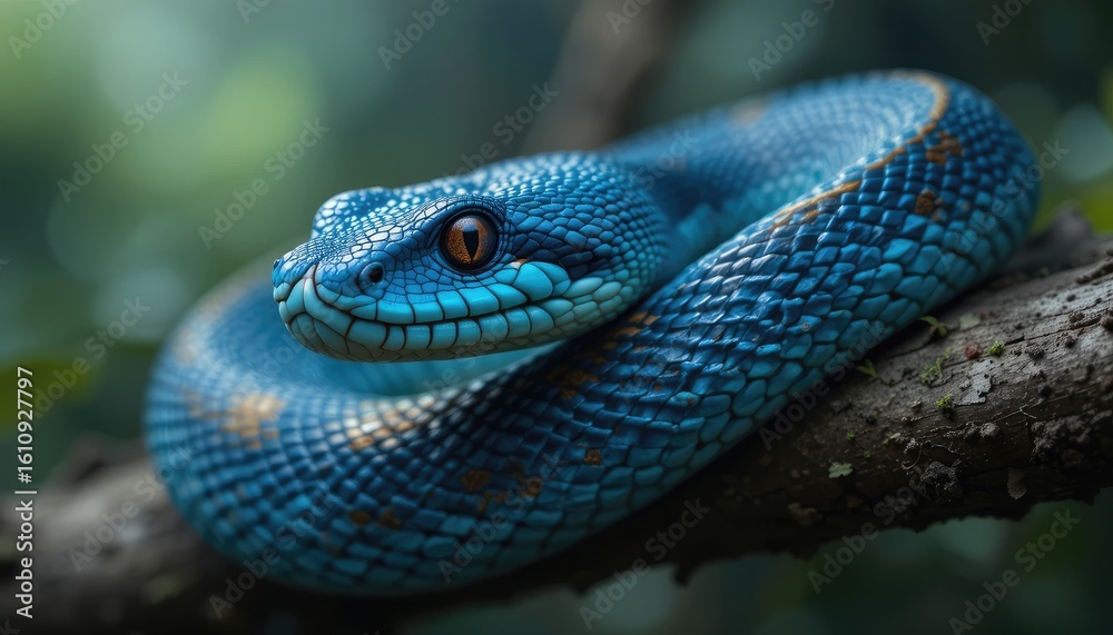 Fototapeta premium blue snake resting on a tree branch