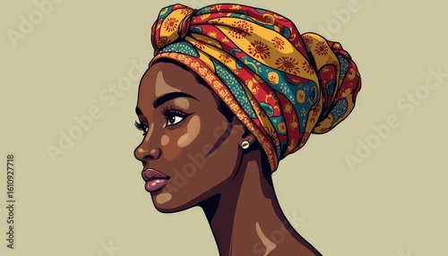 Striking Vector Art of Confident Black Woman Adorned in Intricate African Headwrap