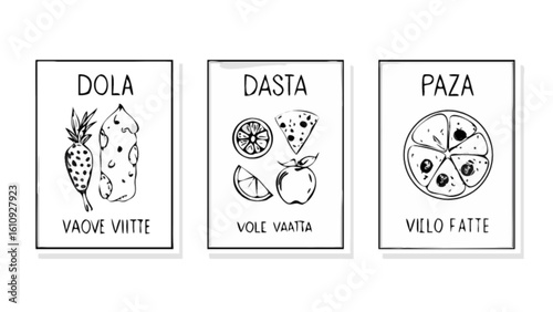 Black and white food illustration prints featuring cheese, pizza, apple and orange art