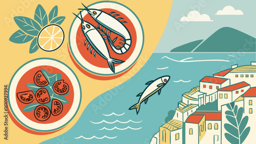 Mediterranean seafood and salad recipe illustration with coastal town background