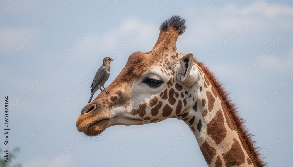 Tall brown giraffe with long neck and medium face perched by birds at zoo Tall brown giraffe with long neck and medium face perched by birds at zoo