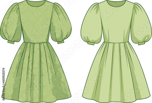 CAD drawing flat vector illustration of girls summer dress, ruffled sleeve design, gathered waistline detail, button closure on back, front and back fashion layout, garment template sketch