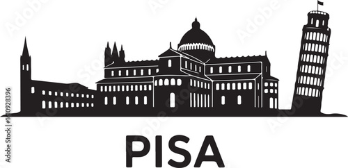 Pisa Skyline Silhouette Leaning Tower Cathedral Tuscan Rooftops Italian City Vector in Black