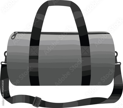 CAD drawing flat vector illustration of gym bag, travel duffel with shoulder strap, hand strap, zipper closure, durable sports accessory, front view layout, sleek functional design