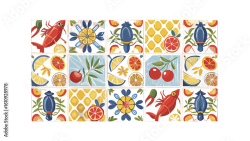 Decorative kitchen tile pattern with seafood and fruit mediterranean style design art