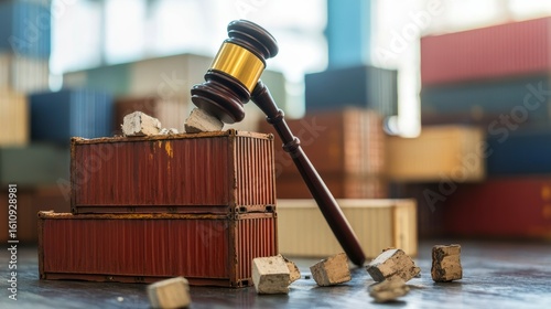 Gavel striking stacked shipping containers, symbolizing trade disputes or legal action.