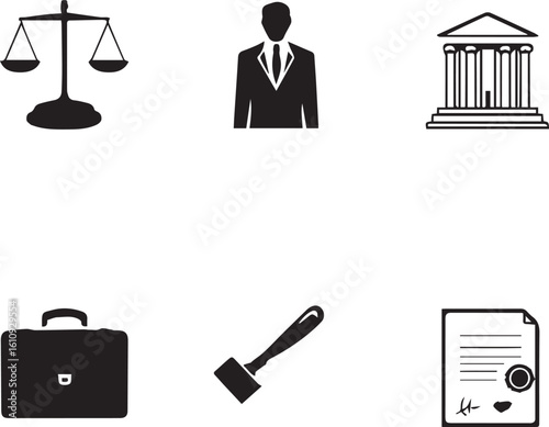 "Minimal Legal Icon Set – Justice Scale, Courthouse, Lawyer Silhouette, Contract, Briefcase, and Gavel"