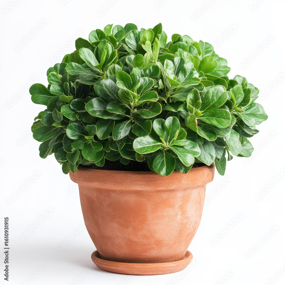Fototapeta premium Lush green plant with glossy leaves sits in classic terracotta pot, creating fresh and vibrant atmosphere. plant dense foliage adds touch of nature to any indoor or outdoor space