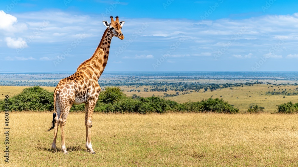 Obraz premium Majestic Giraffe in Savanna: A solitary giraffe stands tall against a stunning, expansive landscape of the African savanna.