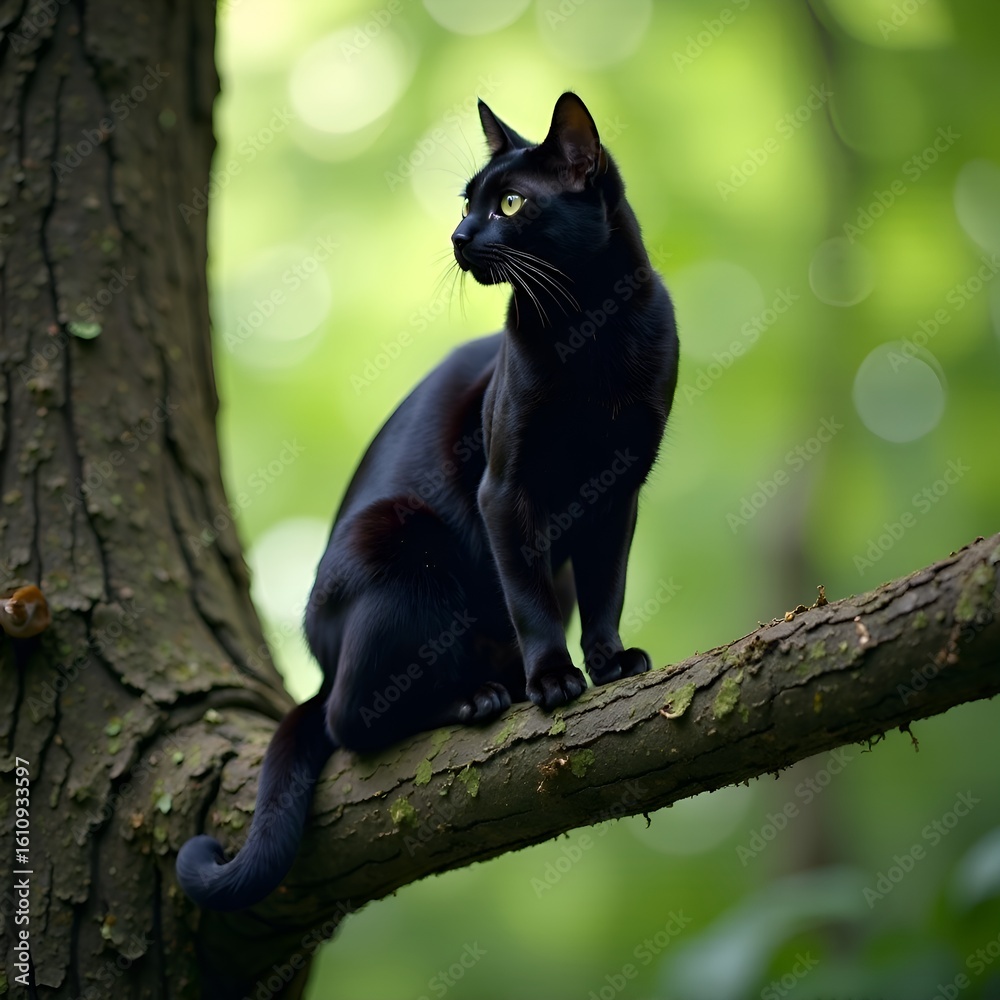 A beautiful graceful black cat is sitting on a tree branch, looking away. The background is blurry green A beautiful graceful black cat is sitting on a tree branch, looking away. The background is blurry green